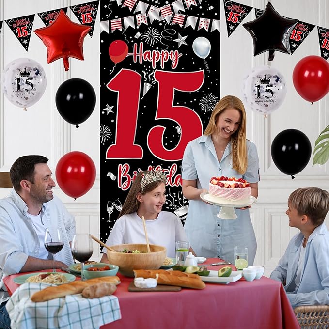 Red Black 15th Birthday Decorations for Boys Girls, Happy 15th Birthday Decorations Boy, 15 Birthday Party Door Banner Decor, Triangle Flag, Large 15 Balloons Bday Decor for 15 Year Old Teenagers