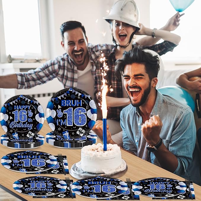 96PCS 16th Birthday Party Paper Plates and Napkins and Forks Set for Blue and Silver Bruh I'm 16 Years Old Party Paper Plates Disposable Decor Happy 16th Parties Set for Teens Birthday Decorations