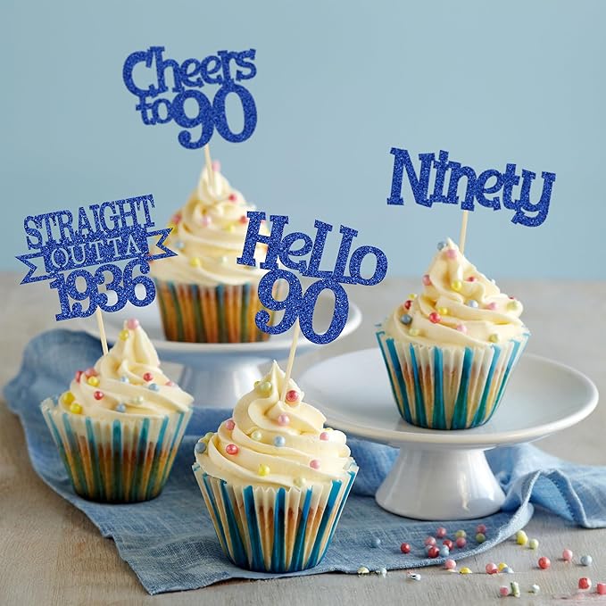 Ephlyn 24Pcs Happy 90th Birthday Cupcake Toppers Glitter Straight Outta 1936 Cupcake Picks Hello 90 Cheers to 90 Years Birthday Cake Decorations for 90th Anniversary Party Supplies Blue