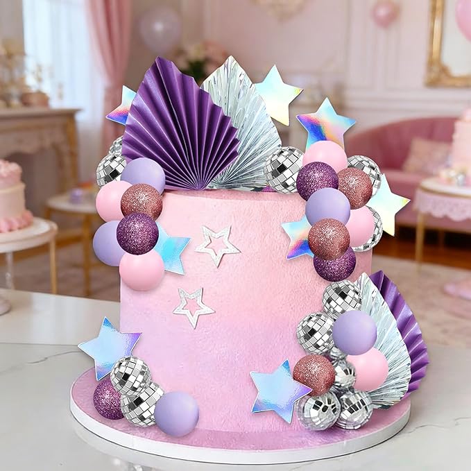 41Pcs Cool Girl Cake Decorations Purple Disco Ball Cake Topper Singer Stars Birthday Decoration Purple Cool Girl Bachelorette Party Supplies Bridal Shower Decor