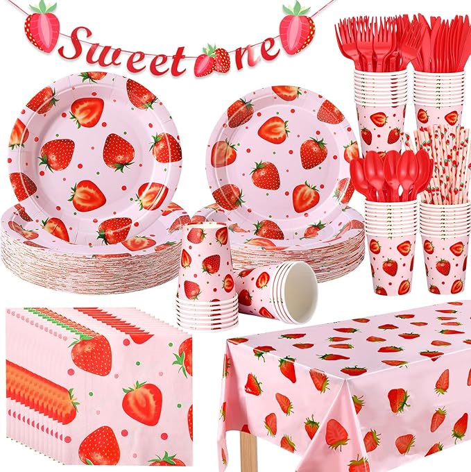 Sawysine 202 Pcs Strawberry Party Supplies Disposable Dinnerware Set 50 Plates 25 Cups 25 Napkins 25 Plastic Forks 25 Knives 25 Spoons 25 Straw Flag Tablecloth to Serve 25 Guests