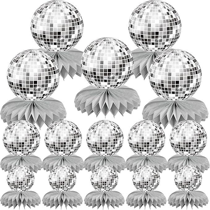 15 PCS Silver Disco Theme Honeycomb Centerpieces Disco Ball Party Decorations 70s Disco Party Table Centerpieces for Back to 70s Party Supplies Favors