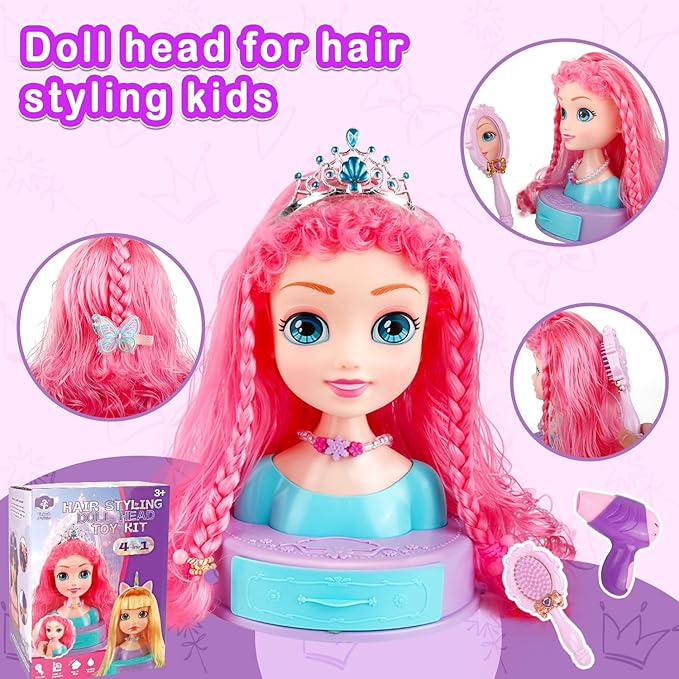 4-in-1 Doll Head for Hair Styling Kids-9Inch,41pcs Hair Salon Toys Makeup Kit Princess Accessories Pretend Play Toys Birthday Gifts for 3-8 Year Old Girls