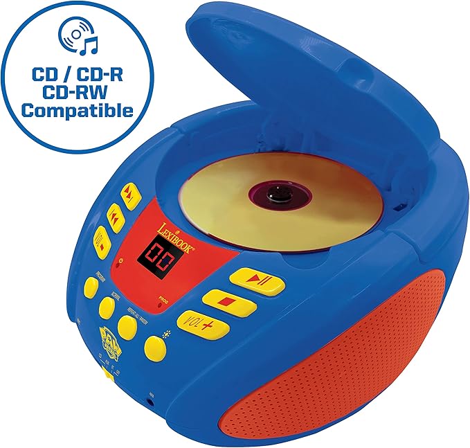 Lexibook - Paw Patrol - Bluetooth CD Player for Kids – Portable, Multicoloured Light Effects, Microphone Jack, Aux-in Jack, AC or Battery-Operated, Girls, Boys, Blue/Red, RCD109PA