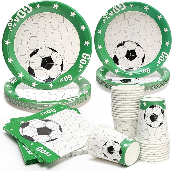 96pcs Soccer Plates - Green and White Soccer Party Theme Paper Plates and Napkins Cups for 24 Guests Disposable Kid's Birthday Soccer Party Supplies Decorations
