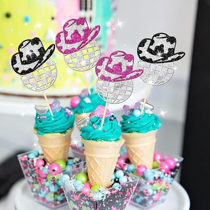 24 PCS Glitter Western Cowboy & Cowgirl Hat Cupcake Toppers - Disco Ball Picks for 70s Disco Music Theme Party Supplies