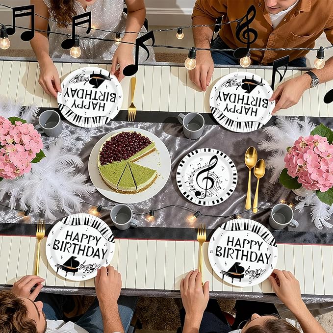 96Pcs Piano Happy Birthday Decoration Piano Music Themed Plates and Napkins Music Notes Keys Piano Disposable Paper Tableware Set for Adults Kids Musicians Birthday Party Supplies Serves 24