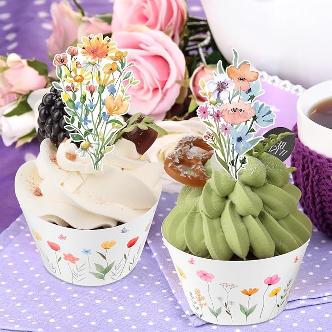 48 Pack Summer Wildflower Cupcake Toppers and Wrappers, Flower Birthday Cake Decoration for Wildflower Theme Birthday Party Baby Shower Party Supplies