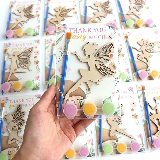 BOIKOKY 12 Pack Pre-Packaged Fairy Party Favors, Wooden Fairy Cutouts with Hanging Hole & Painting Kits for Girls, Magical DIY Crafts and Enchanted Party Decorations & Thank You Gifts for Guests
