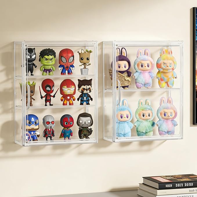 3 Tier Acrylic Display Case for Figures, Wall-Mounted Clear Storage Organizer Box with 2 Movale Plates & Magnetic Door, Display Cases for Collectibles Action Figure, 2 Pack