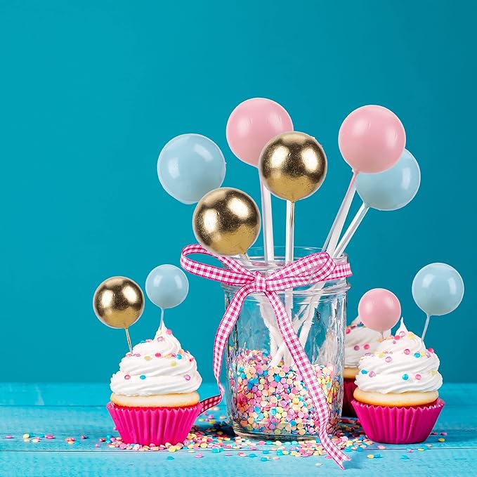 Gyufise 30Pcs Colorful Ball Cake Topper Mini Balloon Cupcake Topper DIY Foam Ball Gold Pink Blue Cake Insert Decoration for Wedding Anniversary Baby Shower Birthday Party Supplies