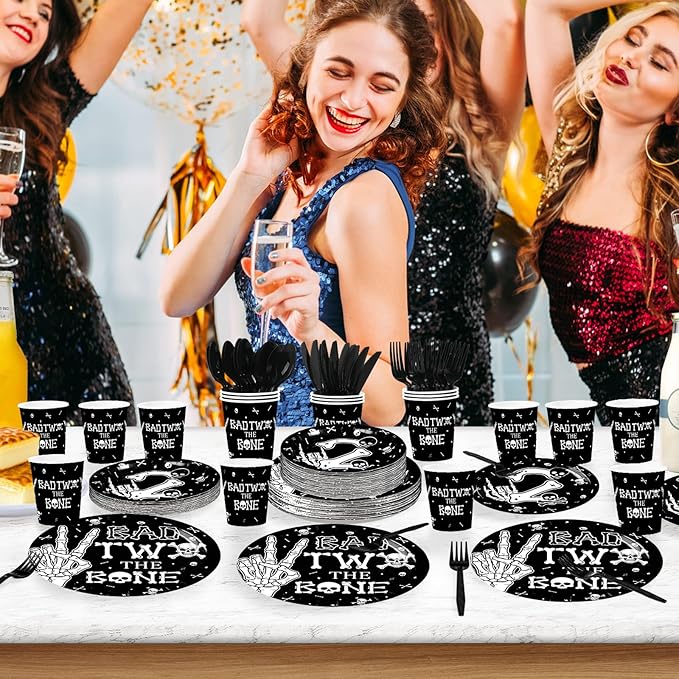 168Pcs Bad Two The Bone Birthday Party Supplies Rock And Roll Plates Napkins Cups Music Theme Tableware Sets 2 Years Old Decorations for 2nd Birthday Baby Shower Party Decorations Serves 24