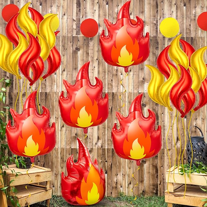 18 Pcs Fire Truck Birthday Party Supplies 32 Inch Fire Balloons Aluminum Firefighter Birthday Decorations 24 Inch Flame Fireman Theme Kids' Party Balloons for Campfire Hunting Decor