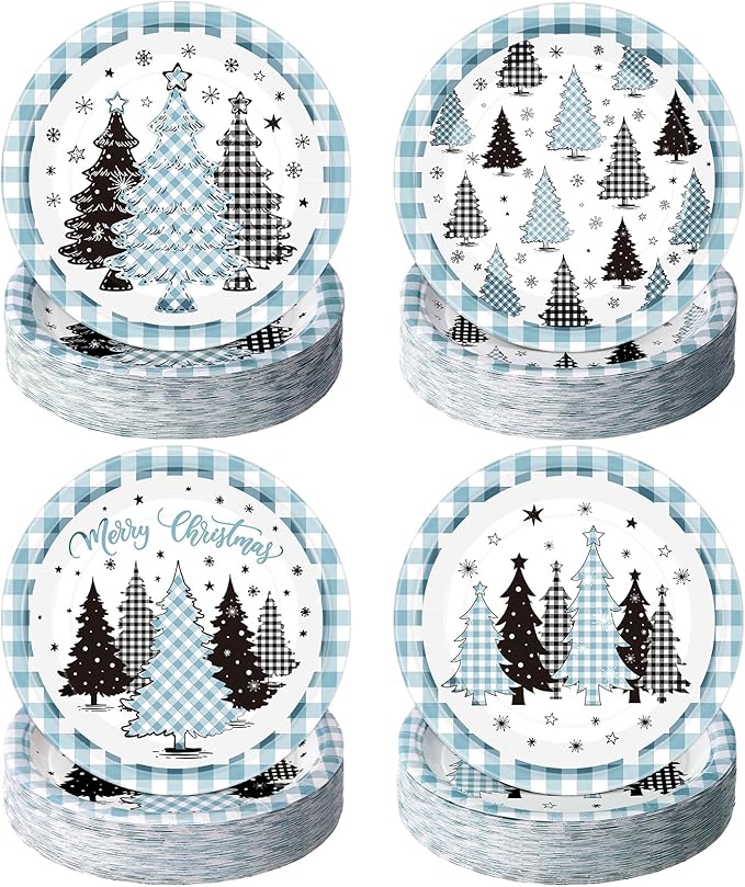 60 Pcs Blue Christmas Paper Plates 9 Inch Xmas Buffalo Plaid Gingham Tree Snowflake Disposable Plates Merry Christmas Tree Themed Tableware for Holiday Xmas Winter Party Decorations Supplies