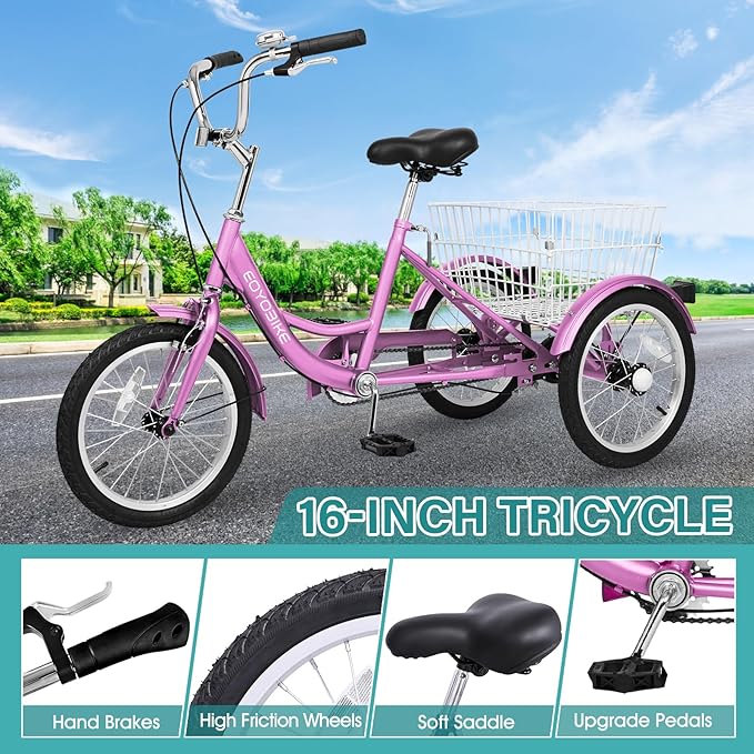 MOPHOTO 16 Inch Small Tricycle for Beginner Riders, Low Step-Through 3 Wheel Bike, Single Speed Trike with Hand Brakes, Adjustable Seat and Rear Basket, Fits Heights 3'9" to 4'9"