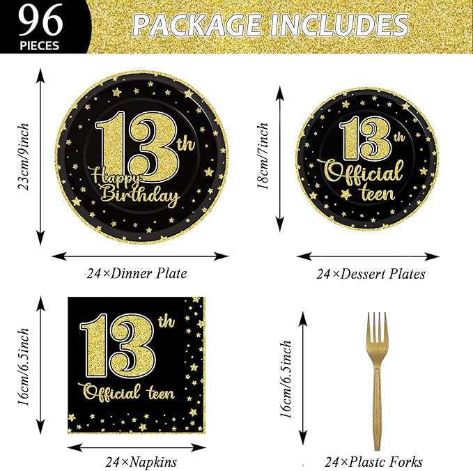 96 Pieces 13th Birthday Tableware Set Official Teenager 13th Disposable Plates Black Gold Birthday Party Plates Napkins Forks for Teenager Boys Girls 13 Year Old Party Favor 24 guests
