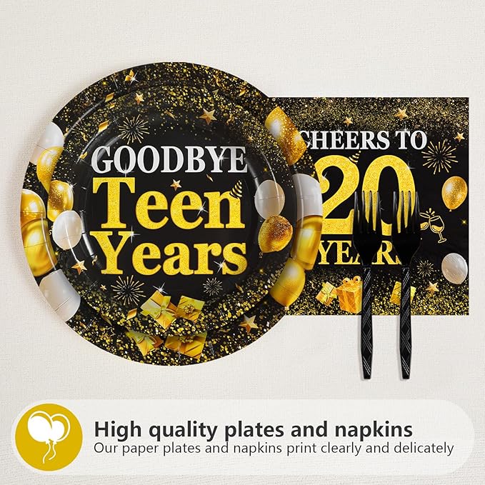 Grencian 96Pcs Happy 20th Birthday Party Supplies Gold and Black Goodbye Teen Years Paper Plates and Napkins Cheers 20 Years Sets for 20 Year Old Teen Girls Theme Party Decoration Serves 24