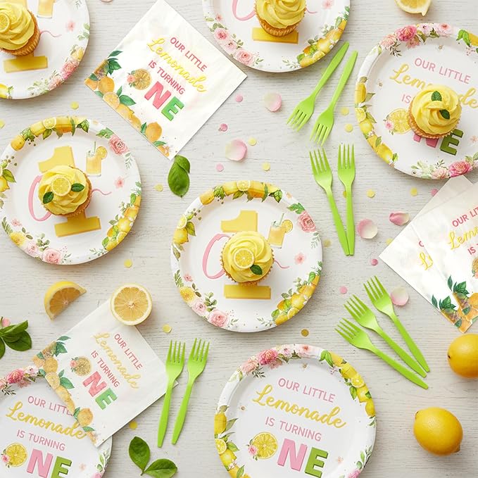 96Pcs Lemon 1st Party Plates Supplies Our Little Lemonade Is Turning One First Birthday One Year Old Tableware Decorations Disposable Paper Plates Napkins Forks for Kids Baby Shower, Serves 24
