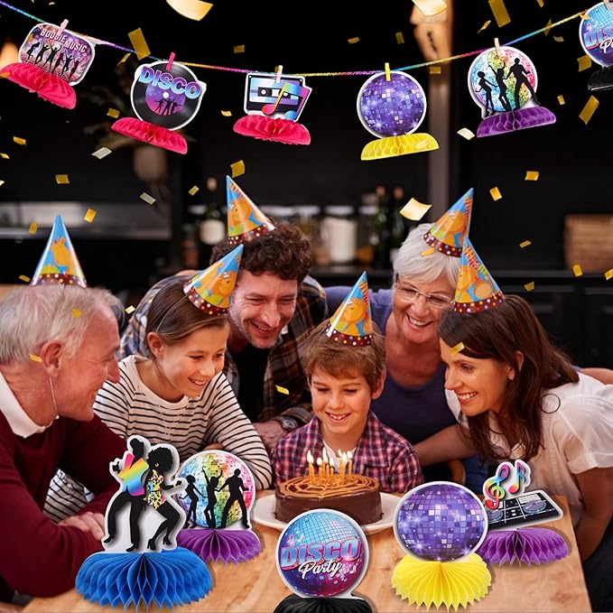 12PCS 70s Party Decorations Honeycomb Centerpieces Disco Theme Party Decorations Disco Ball Table Centerpieces for Retro Theme Birthday Music Neon Night Table Decor