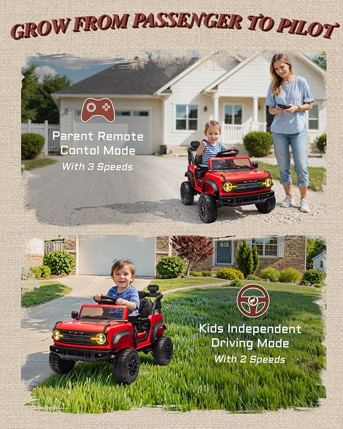 First Ride On Ford Bronco Raptor Licensed 12V Ride on Toys, Kids Ride on Car with Remote Control, Electric Car for Toddler with Smooth Start, Openable Doors, MP3 Player, 3 Speeds (12V, Red)