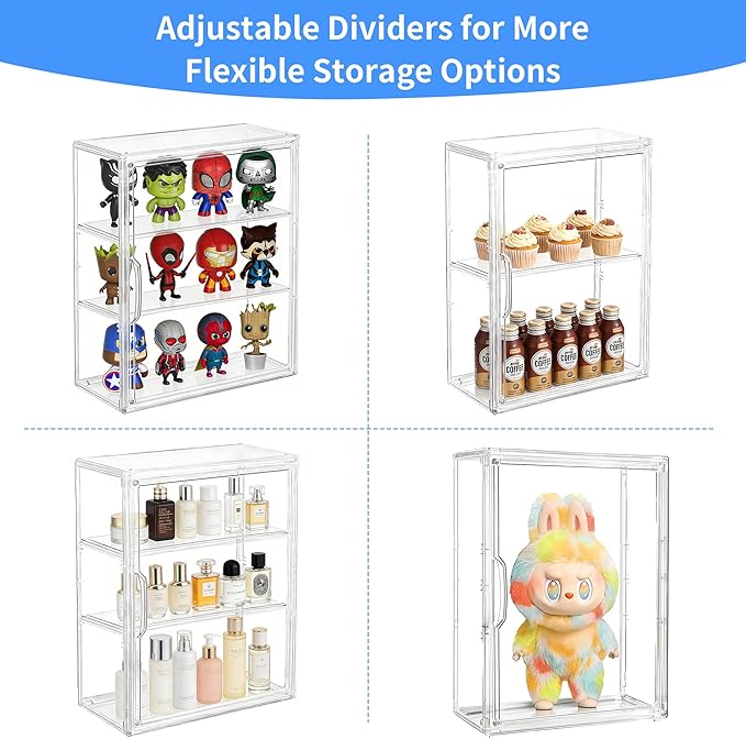 3 Tier Acrylic Display Case for Figures, Wall-Mounted Clear Storage Organizer Box with 2 Movale Plates & Magnetic Door, Display Cases for Collectibles Action Figure, 2 Pack