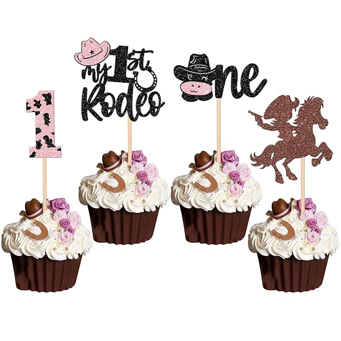 24 PCS Cowboy Cupcake Toppers - Glitter Hat, One My 1st Rodeo Cupcake Picks, First Birthday Cow One Cake Decorations for Western Theme Baby Shower, Kids 1st Birthday Party Supplies - Pink
