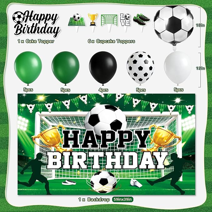 Soccer Birthday Party Decorations, 44Pcs Soccer Party Decorations Included Foil & Latex Balloons Happy Birthday Backdrop Tablecloth Cake Toppers Honeycomb Centerpieces for Boys’ Soccer Party Supplies