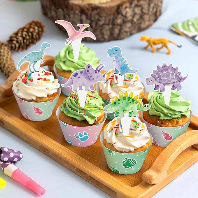 48 Pack Watercolor Dinosaur Cupcake Toppers and Wrappers, Colorful Dinosaur Party Cake Decoration for Dino Theme Birthday Party Baby Shower Supplies
