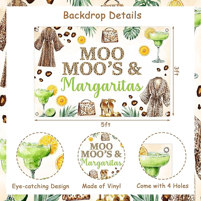 JOYMEMO Moo Moos and Margaritas Birthday Decorations for Women Female, Margarita Backdrop Banner, Cake Topper, Cupcake Toppers, Margs Theme Party Supplies