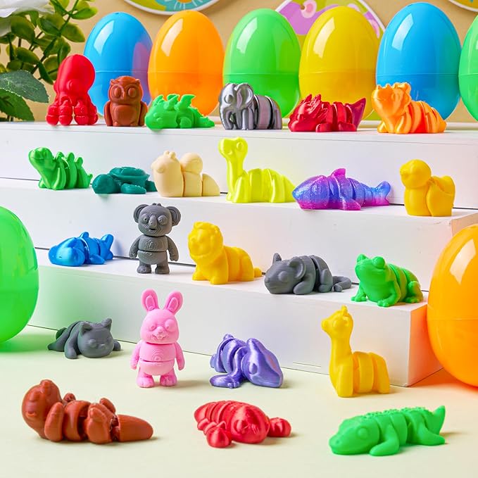 JOYIN 24 Pcs Prefilled Easter Eggs with 3D printed Mini Animals, 3D Articulated Toys for Party Favors, Basket Stuffers, Goodie Bag Fillers, Classroom Prize Supplies, Party Games for Boys & Girls