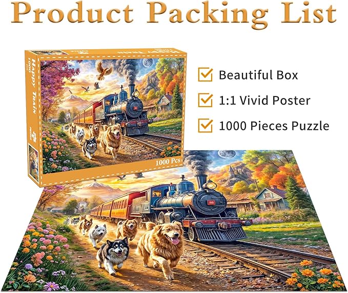 Jigsaw Puzzles for Adults 1000 Pieces, Interlock Perfectly Letter on Back No Dust, Home Decor Birthday Party Gift Toy for Men Women Elders Seniors, 1:1 Poster-Happy Train
