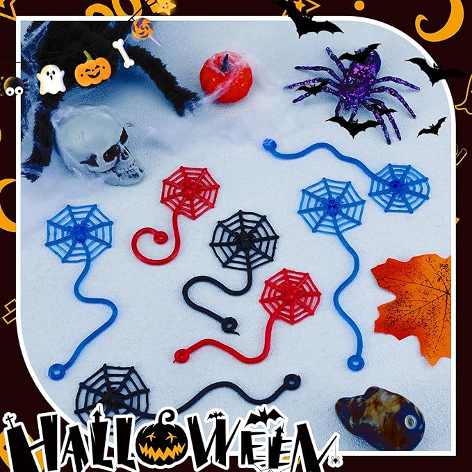 48 Pcs Sticky Spider Web Party Favors Bulk Easter Basket Stuffers Egg Fillers Goodie Bag Stuffers for Classroom Prizes Birthday Party Supplies (Red Blue and Black)