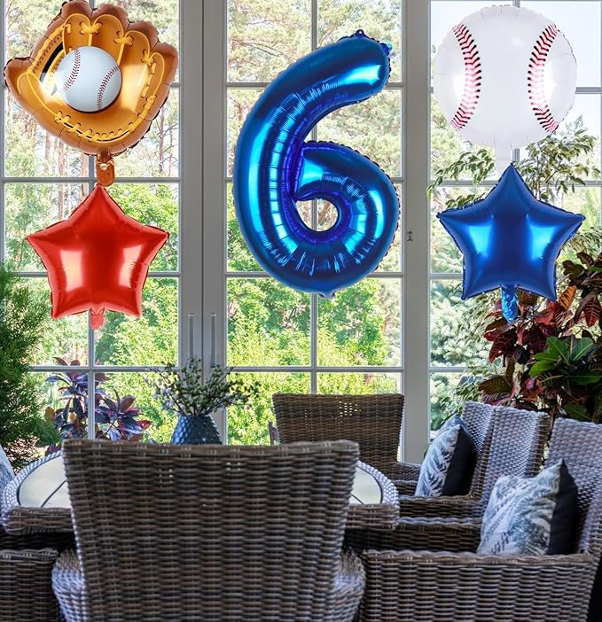 Baseball Balloons 6th Birthday Decorations for Boys | Baseball Birthday Decoration Sports Theme Party Supplies, 32Inch Foil Mylar Number 6 Balloon Navy Blue Red White Sports Balloon Arch Kits