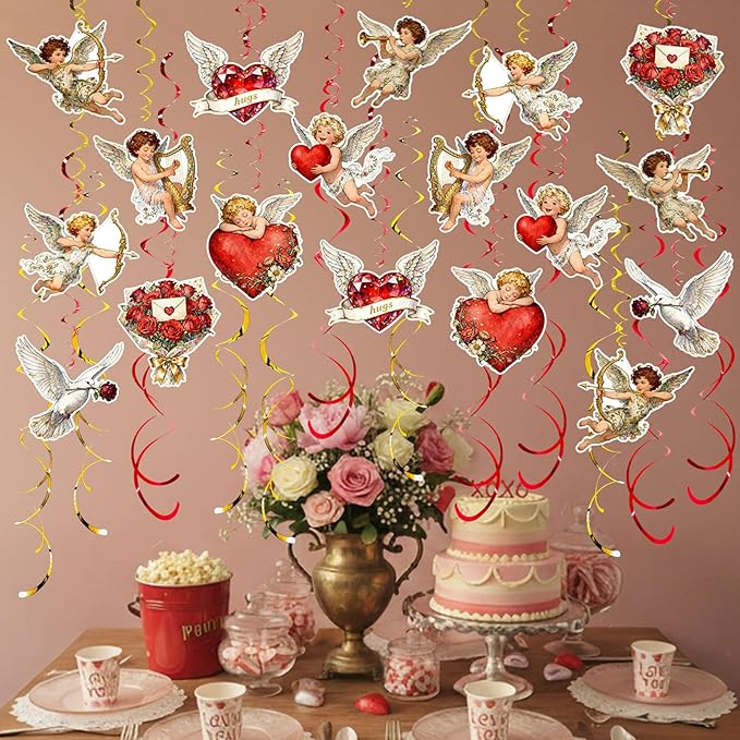Valentine's Cupid Party Streamers, 48 PCS Romantic Hanging Swirl Decorations - Angel, Heart & Rose Motifs for Valentine's Day, Weddings & Anniversary Parties