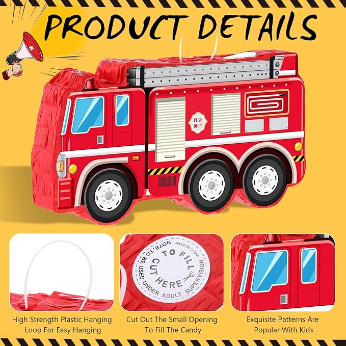Fire Truck Piñata with Hanging Loop Blindfold Bat and Confetti Filler for Kids Boys Firefighter Firetruck Theme Birthday Party Decorations Supplies, 16.14 x 8.9 x 3.15 Inches