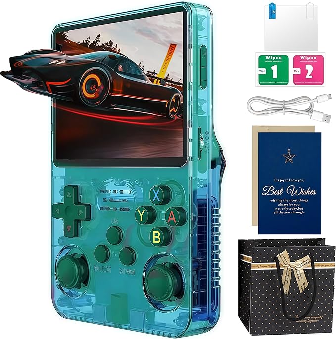 R36s Handheld Console Premium Gift Set (with Star Card & Black Gold Bag) 3.5 Inch IPS Retro with 128GB Storage,21000+ Classic Present for Adults (Translucent Green 128g)