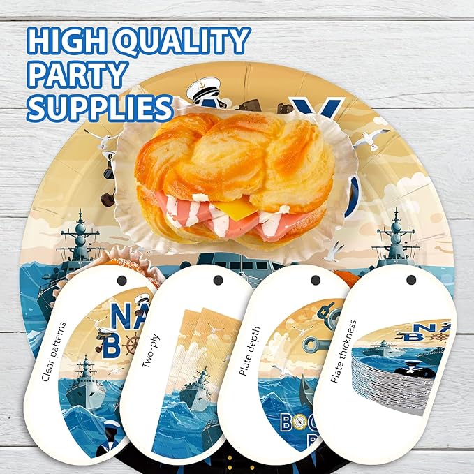 96Pcs Navy Party Supplies Navy Bound Theme Plates and Napkins Blue Military Tableware Set for Boys Men Nautical Baby Shower Anchor Birthday Party Decorations Serves 24