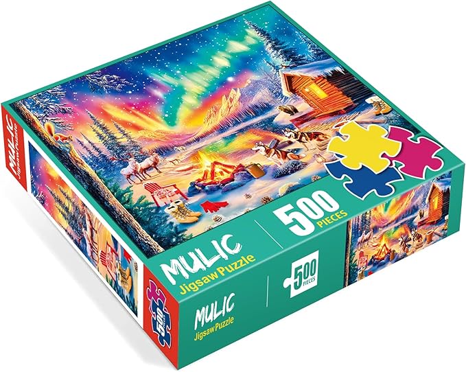500 Piece Puzzles for Adults - Jigsaw Puzzles - Campfire Under The Northern Lights - Winter Puzzles