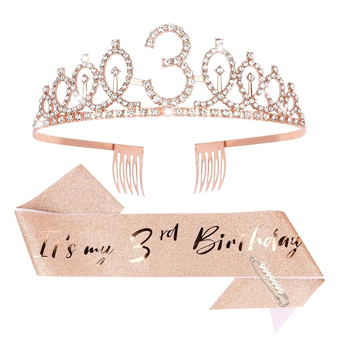 CIEHER 3th Birthday Party Supplies: Crown, Sash, Pearl Pin Set - Decorations for Little Girls' Special Day