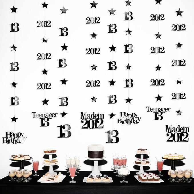 12PCS Black 13th Birthday Decorations Number 13 and 2012 Star Garland Streamer Banner Backdrop for Girls Boys Cheers to 13 Years Birthday Vintage Made in 2012 Official Teenager Party Decor Supplies