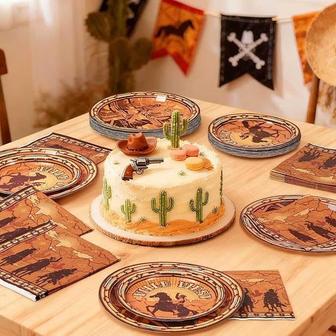 WERNNSAI Western Party Decorations - 48 PCS Cowboy Plates and Napkins First Rodeo Birthday Supplies Wild West Themed Tableware for Kids Boys Birthday Bachelorette Party Decor Serves 16 Guests
