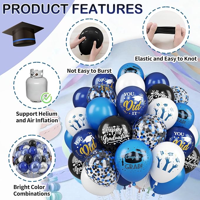 Blue Black White Graduation Balloons, 50 Pcs Congrats GRAD Cap Printed Balloons, 12 Inch Dark Navy Blue Black Confetti Latex Balloons Helium for Men Class of 2026 Happy Graduation Party Decorations
