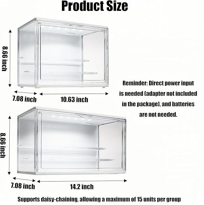 Acrylic Display Case for Collectibles with LED Light, 3-Tier Adjustable Figure Showcase, Stackable Magnetic Door for Lego Toys & Action Figures