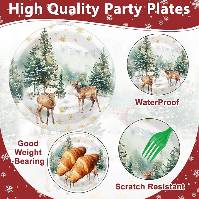 50Pcs Christmas Reindeer Paper Plates and Napkins Watercolor Deer Snow Pine Trees Snowflakes Table Decoration Winter Woodland Disposable Tableware Set 25 Guests Xmas Holiday Birthday Party Supplies