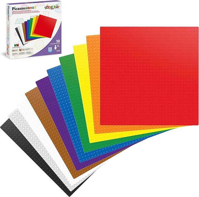 PicassoTiles Brick Baseplate Classic Building Block Foundation Kit 10 Pack 10"x10" Platform Multi Color Bricks Stud Blocks Compatible with All Major Brands STEM Construction Set Kids Ages 3+ PBS01