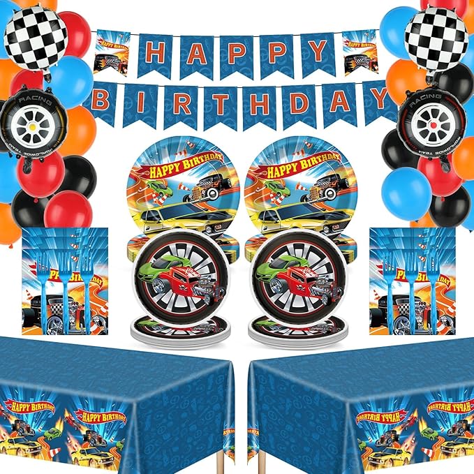 127Pcs Wheels Race Car Birthday Party Supplies Race Cars Plates Napkins Tablecloth with Racing Car Banner Monster Truck Wheels Checkered Balloons Racing Signs Decorations