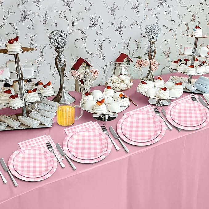 180Pcs Pink Gingham Party Supplies Paper Plates and Napkins Serve 60 Disposable Tableware Set for Birthday Party Decorations Game Day Family Holiday Sports Events