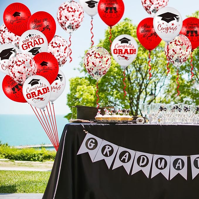 Whaline 60Pcs Graduation Party Balloon Set 7 Designs Confetti Latex Balloon with 2 Rolls Red Ribbon Grad Cap Congrats Grad Balloon for Graduation Party Decoration Supplies (Red, White)