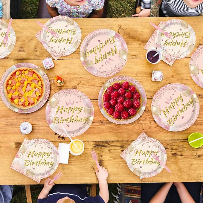 96Pcs Blush Beige Birthday Party Decorations Boho Dusty Pink Plates and Napkins Pink Rose Gold Glitter Happy Birthday Tableware Set for Women Girls Bridal Shower Wedding Party Supplies, Serves 24