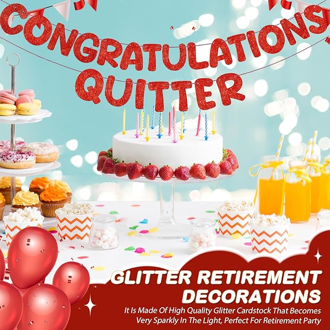 Fulmoon Pre Strung Congratulations Quitter Glitter Banner Funny Retirement Banner Graduation Party Decorations Going Away Supplies Garland for Men Women Gifts, No DIY(Red)